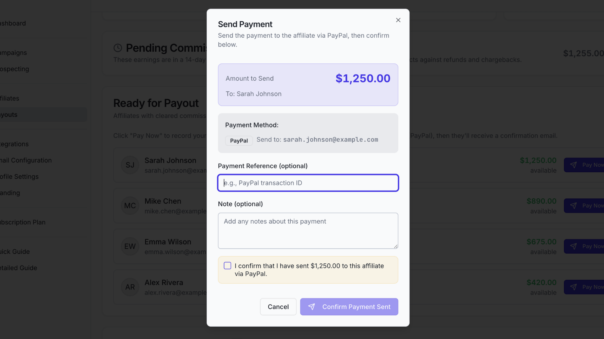 Payouts table showing payment process