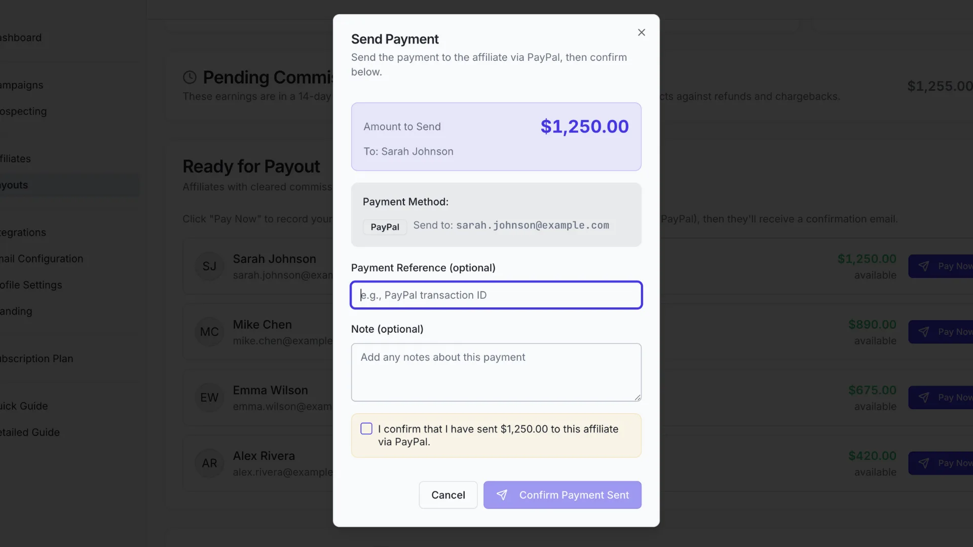 Affiliate Performance Dashboard showing clicks, conversions, and revenue metrics per affiliate