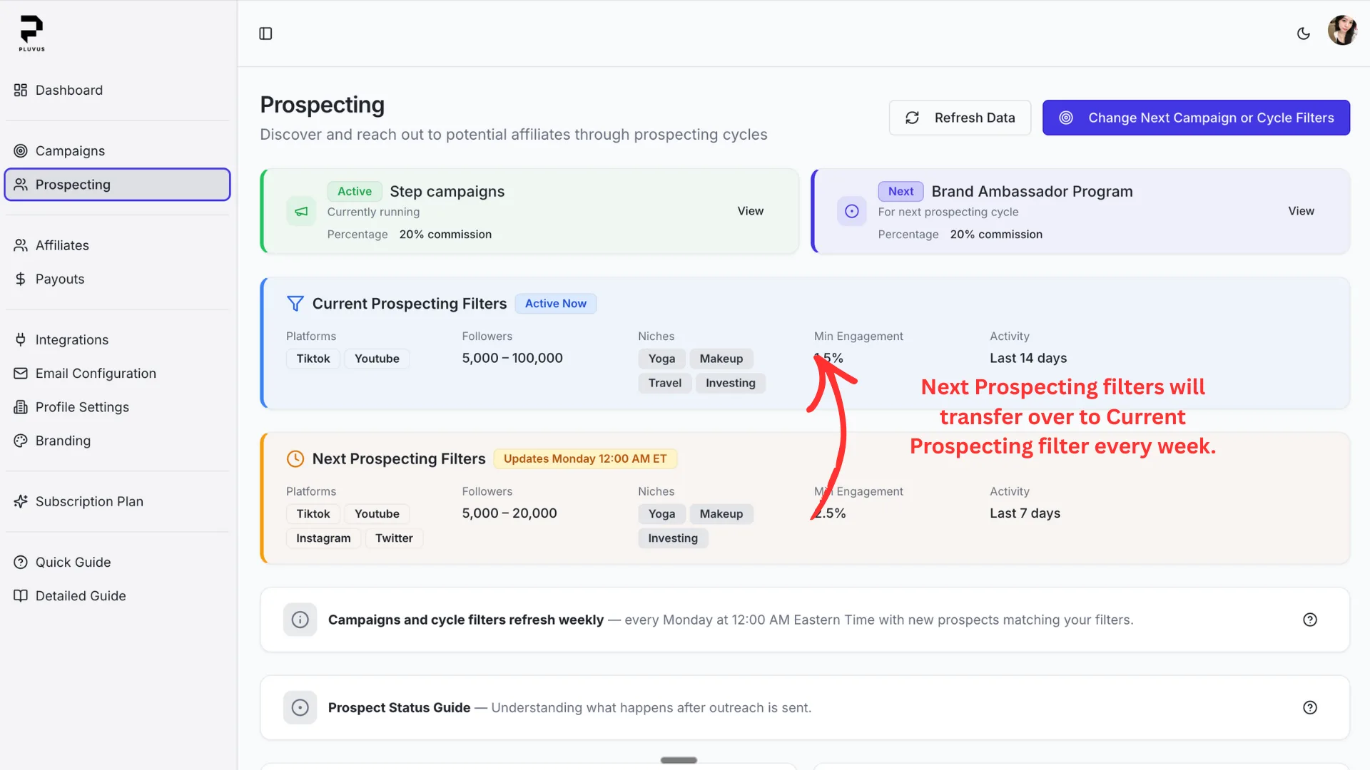 Prospecting page showing filters and cycle information