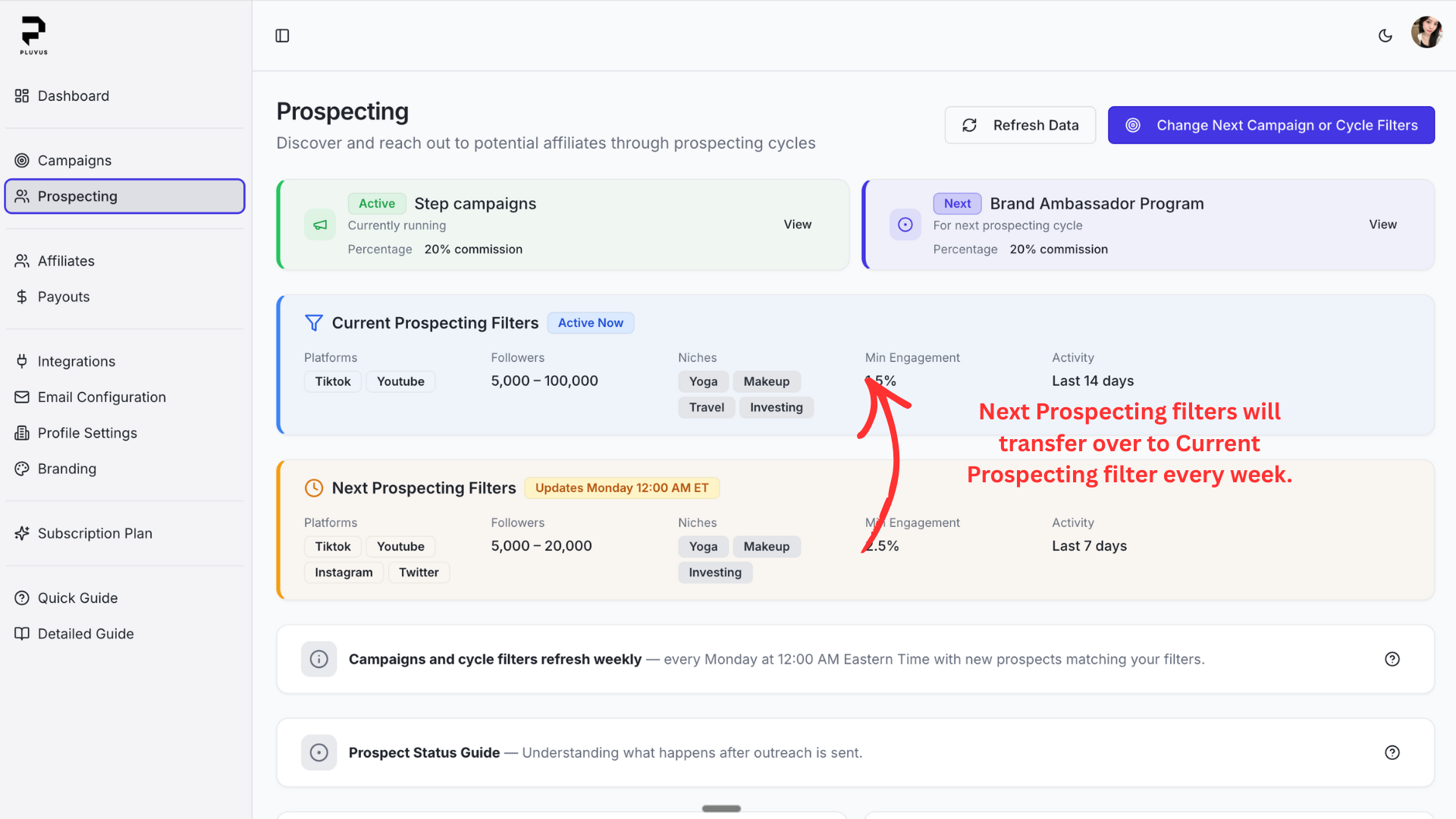 Prospecting page showing filters and cycle information