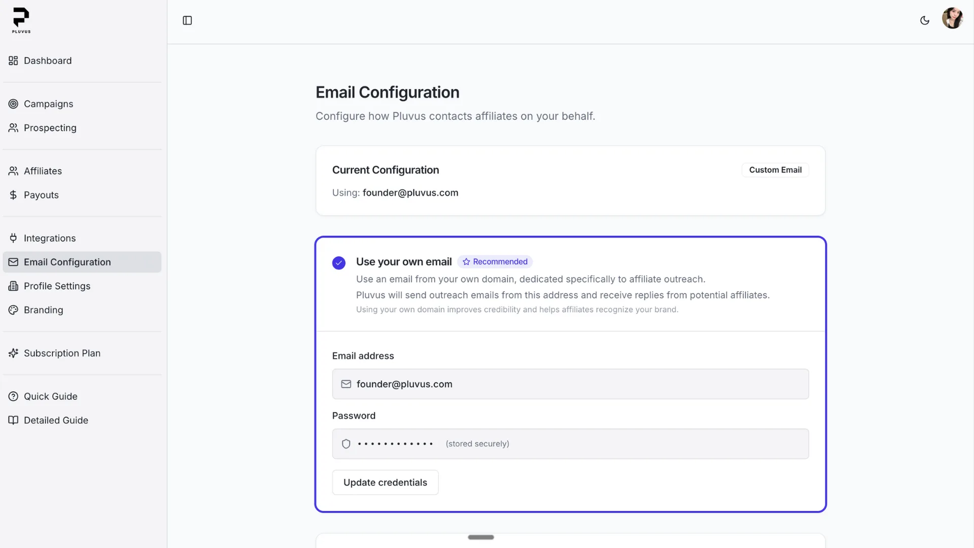 Email configuration showing profile email setup