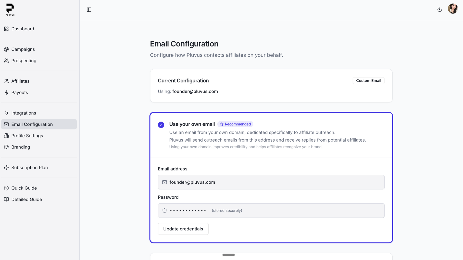 Email configuration showing profile email setup