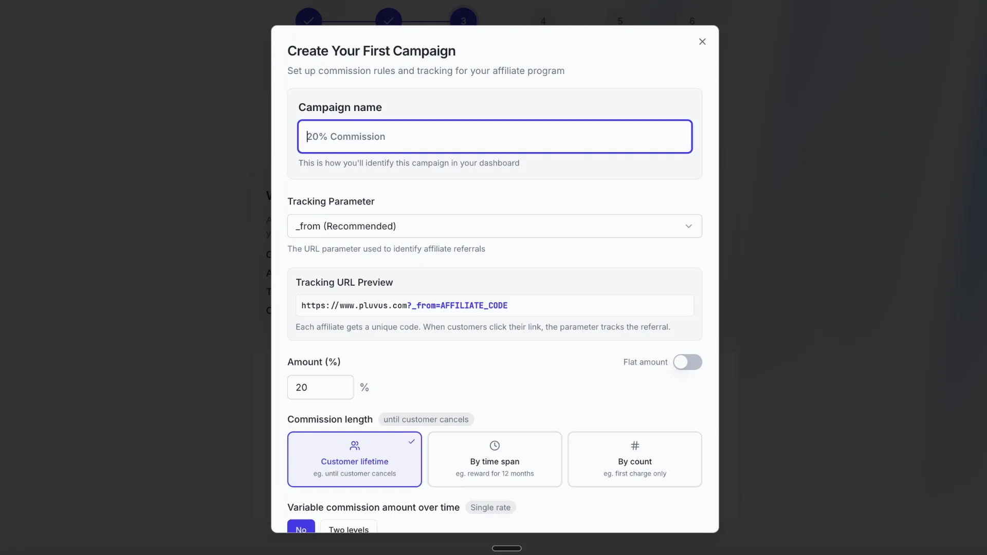 Campaign & Rewards Setup showing commission rates and affiliate requirements configuration